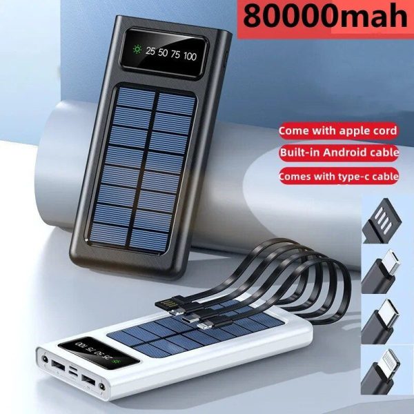 Ultra Capacity 80000mAh Solar Power Bank with Built-In Cables & LED Light - Image 2