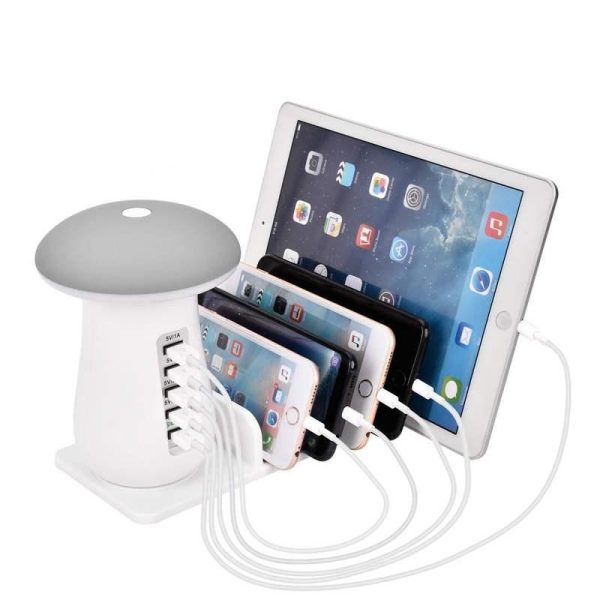 5-Port USB Charging Station with Mushroom Night Lamp & Desktop Organizer