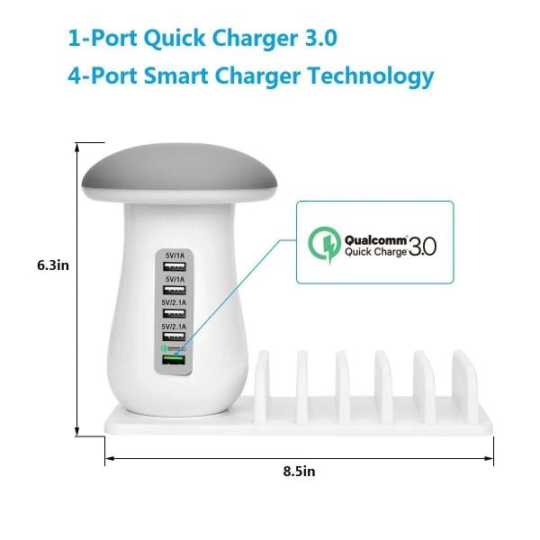 5-Port USB Charging Station with Mushroom Night Lamp & Desktop Organizer - Image 3