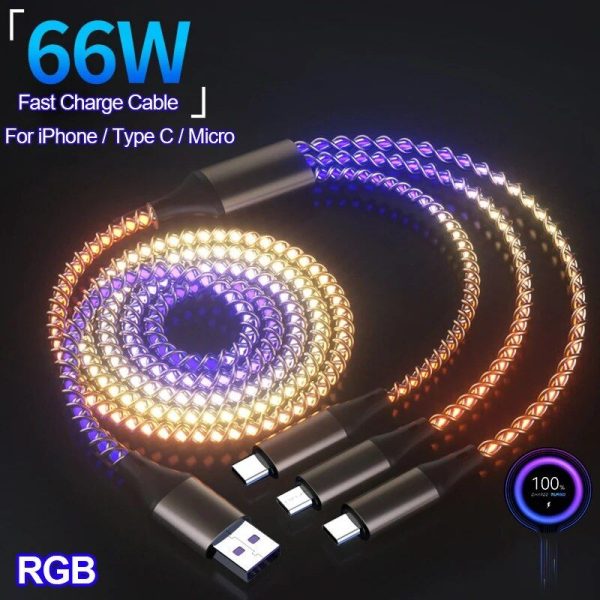 66W Ultra-Fast Charging USB Cable with Multi-Connector & RGB Lights - Image 2