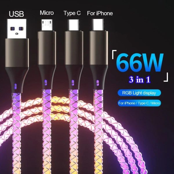 66W Ultra-Fast Charging USB Cable with Multi-Connector & RGB Lights - Image 3