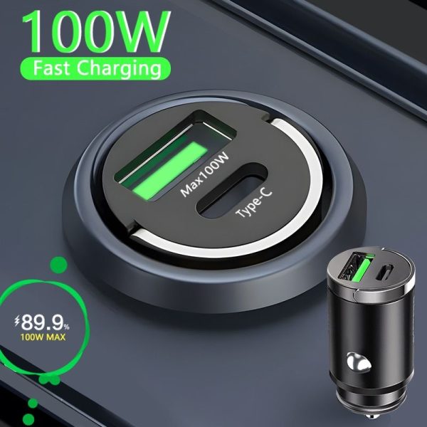 100W Dual-Core Mini Car Charger: USB Type-C & QC3.0 Fast Charging for Phones - Image 2