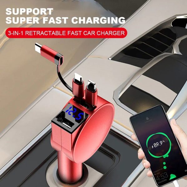 60W 3-in-1 Retractable Car Charger with Fast Charge Technology - Image 3