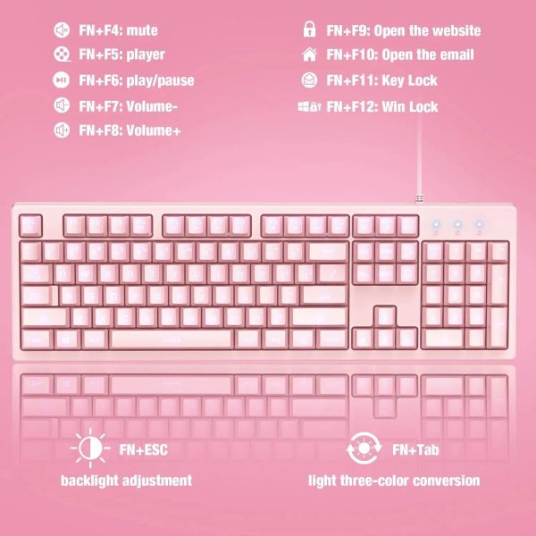 Chic Pink LED Backlit Wired Gaming Keyboard with Ergonomic Design - 104 Keys - Image 3