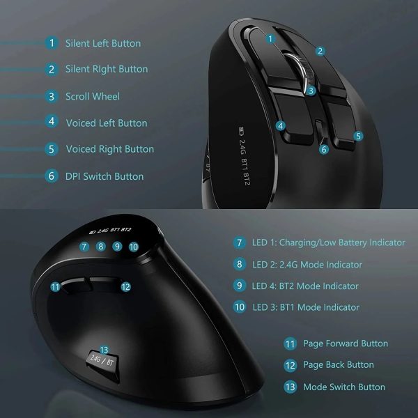 Multi-Device Ergonomic Vertical Wireless Mouse with Bluetooth & Rechargeable Battery - Image 4